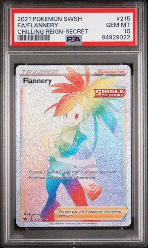 PSA GEM MT 10 FA/FLANNERY, 2021, POKEMON SWORD & SHIELD CHILLING REIGN, #215
